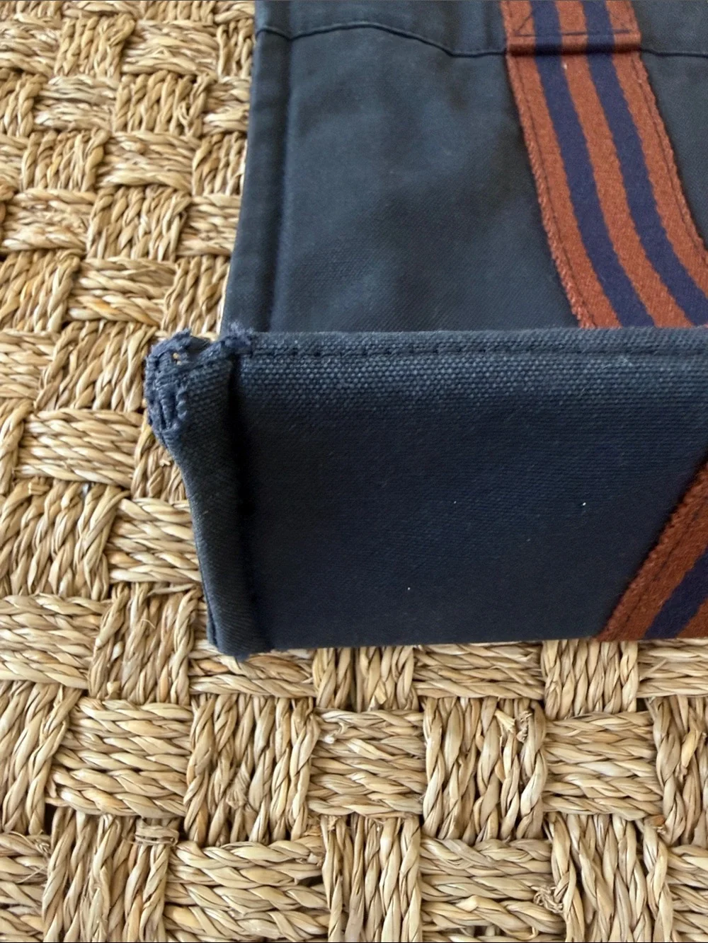 Hermes 2000s MM Fourre Tout Canvas Tote Bag with Striped Handles - Navy & Brown